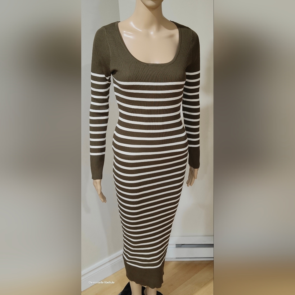 Elegant Olive and White Striped Long Sleeve Dress